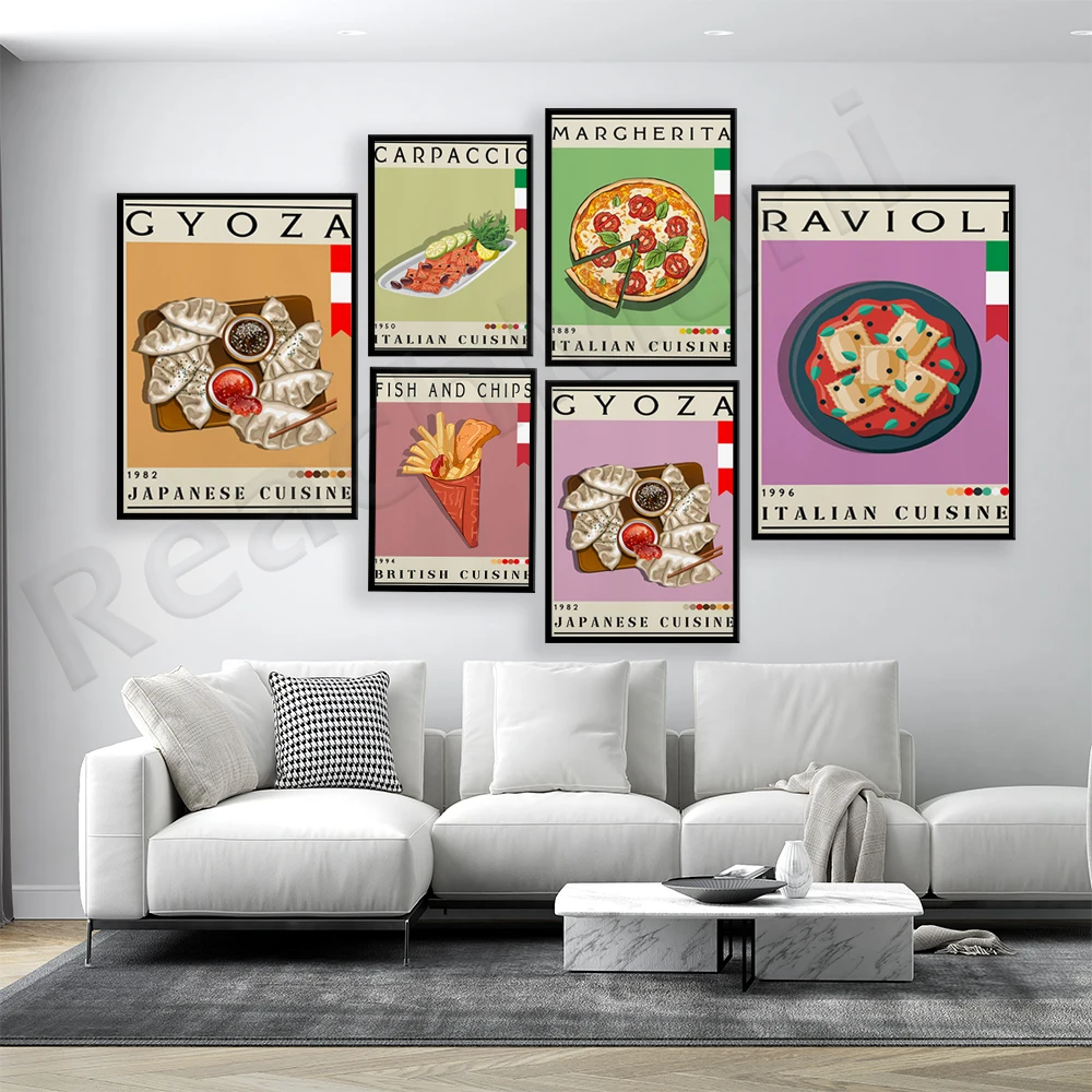 

Плакат Fish and Chips UK, Ravioli, натирание итальянского клуба, сэндвич, США, японские пельмени, декор для кухни