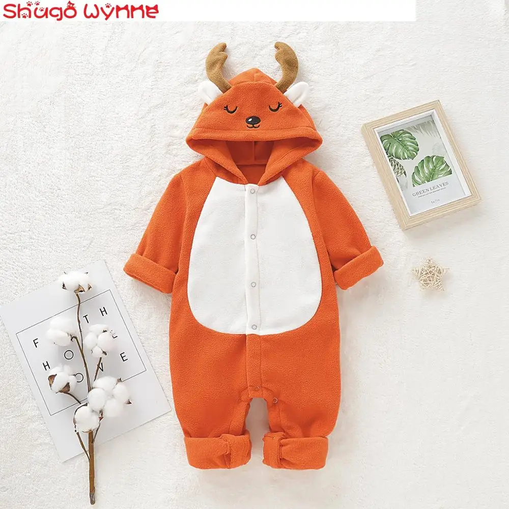 

Autumn Winter Models Fashion Baby Girls Hooded Cartoon Long-Sleeved Solid Color Dark Buckle Conjoined Clothes Rompers