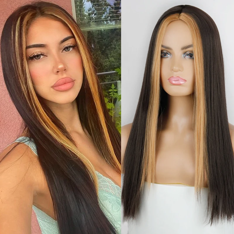 Linghang Black Long Straight Wig For Women Both sides Gold Hair Middle Part Heat Resistant Wavy Cosplay Wig For Girl