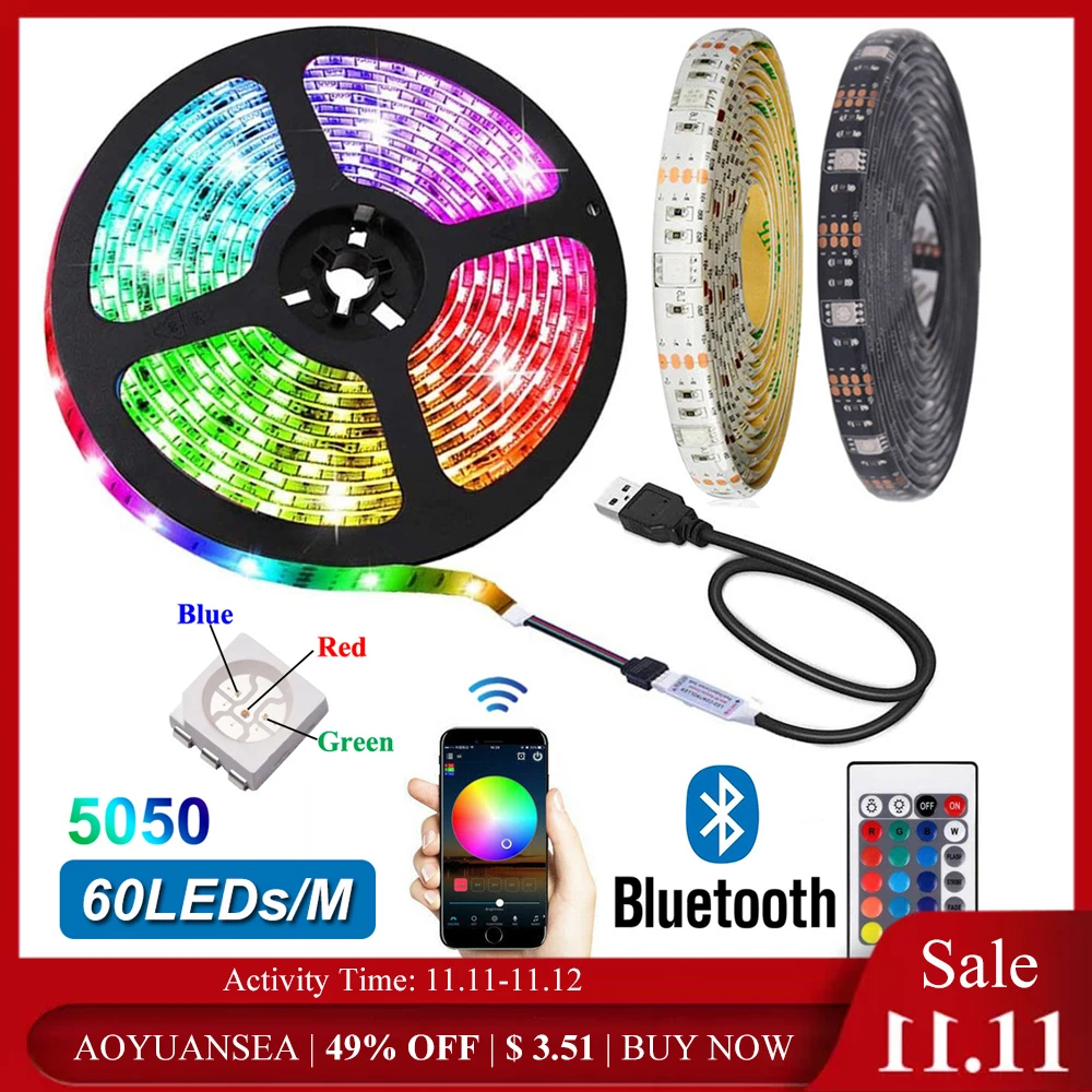 

Bluetooth 5050 RGB LED Strip Lights DC 5V Tira USB Neon Tape Band Flexible Stripe Ambient Backlight for Room TV PC Decoration