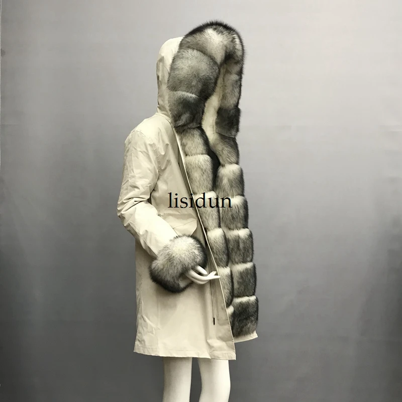 LISIDUN настоящая меховая Парка женская зимняя куртка натуральный Серебряный лисий мех пальто с капюшоном настоящая подкладка из кроличьего меха куртка женская шуба