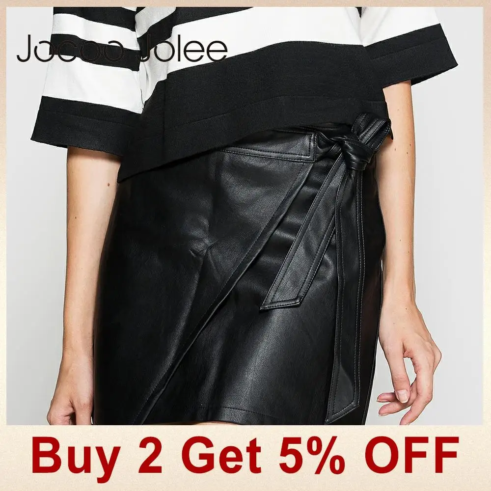 Jocoo Jolee A-Line черная однотонная Короткая юбка для женщин на шнуровке до колена юбка из искусственной кожи юбка в стиле ампир Высокая уличная стильная женская юбка
