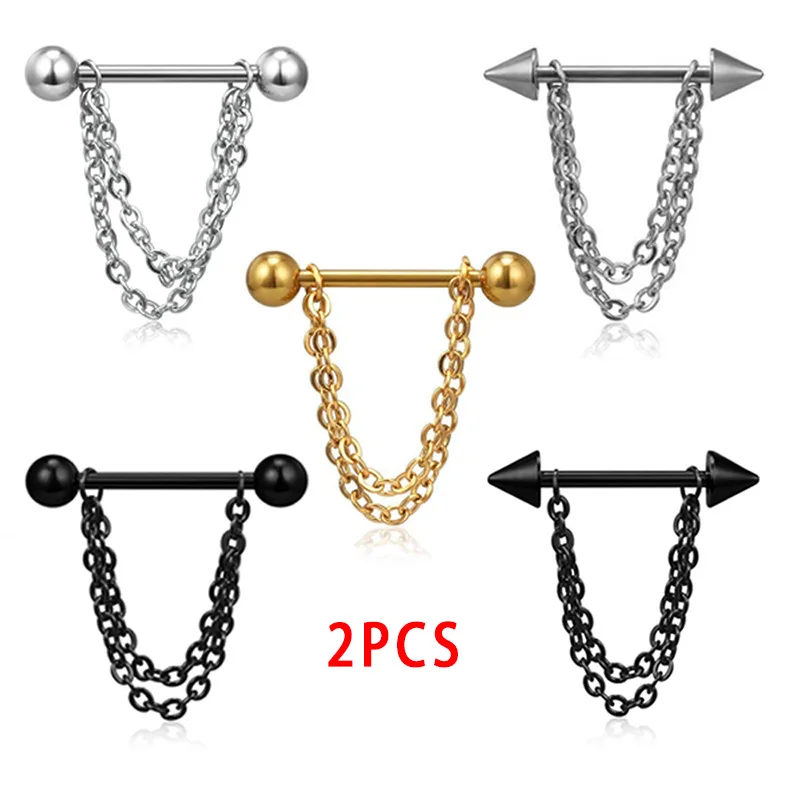 

2Pcs/Set Stainless Steel Pierced Nipple Breast Rings Nail Barbell Chain Pendant Body Piercings Jewelry 5 Styles