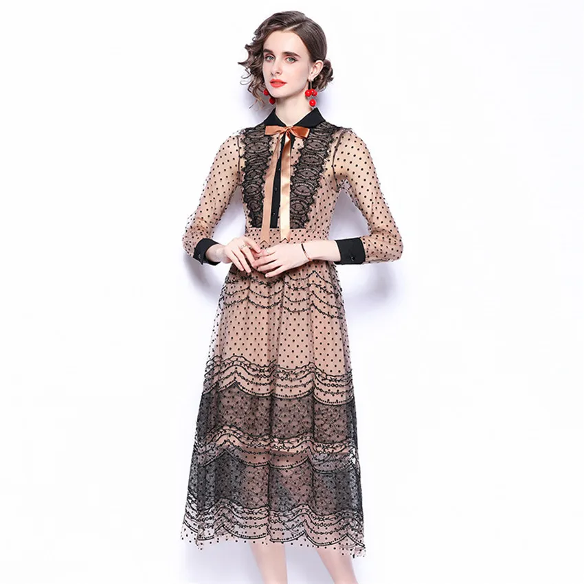 

Autumn Long Sleeve Elegant Mesh Lace Dress Women Bow Neck High Quality Designer Embroidery Dresses Party Vestido De Mujer
