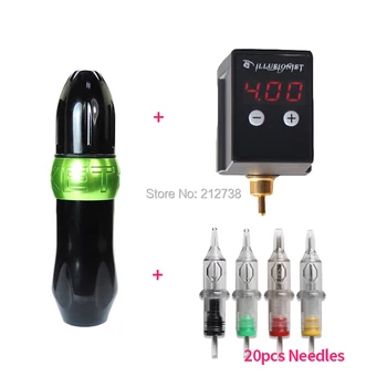 

Professional Permanent Rocket Rotary Tattoo Machine with Wireless Mini Tattoo Power RCA Connector Mix 20pcs Cartridge Needles