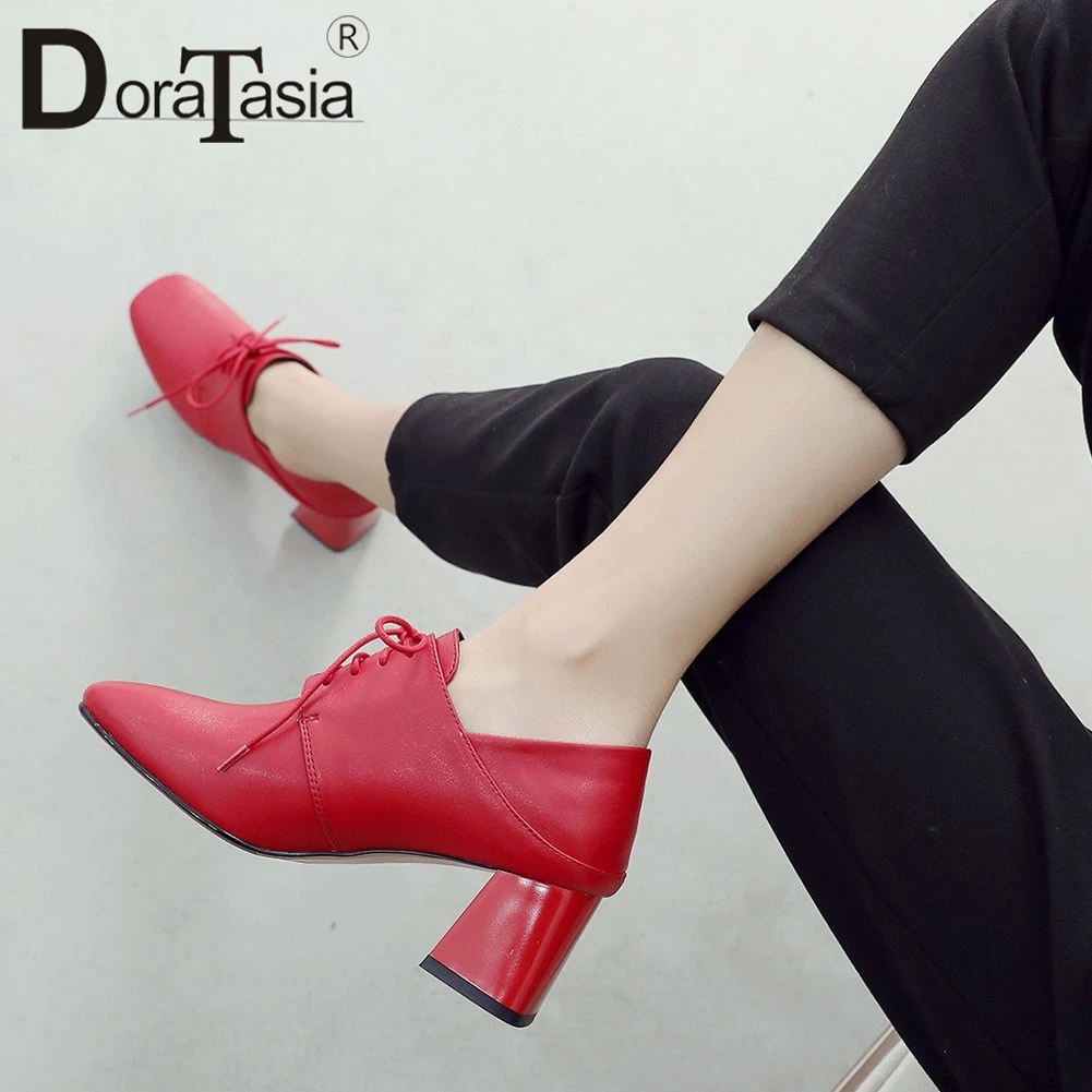 

DORATASIA Ladies Spring Ol High Heels Pumps Mature lace-up Street Pumps Women Fashion Square Toe Dress Shoes Woman