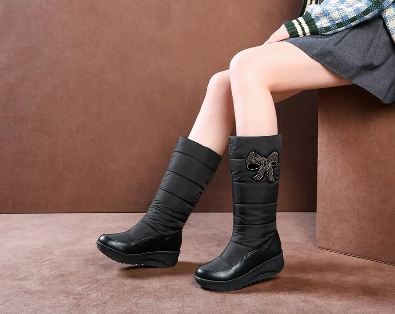 ASUMER/Большие Размеры 35-44 и выше, стразы, Элегантные Зимние сапожки с бантом, Зимние ботинки женская обувь на толстой подошве; ботинки на платформе до середины икры женские ботинки на меху туфли из хлопка