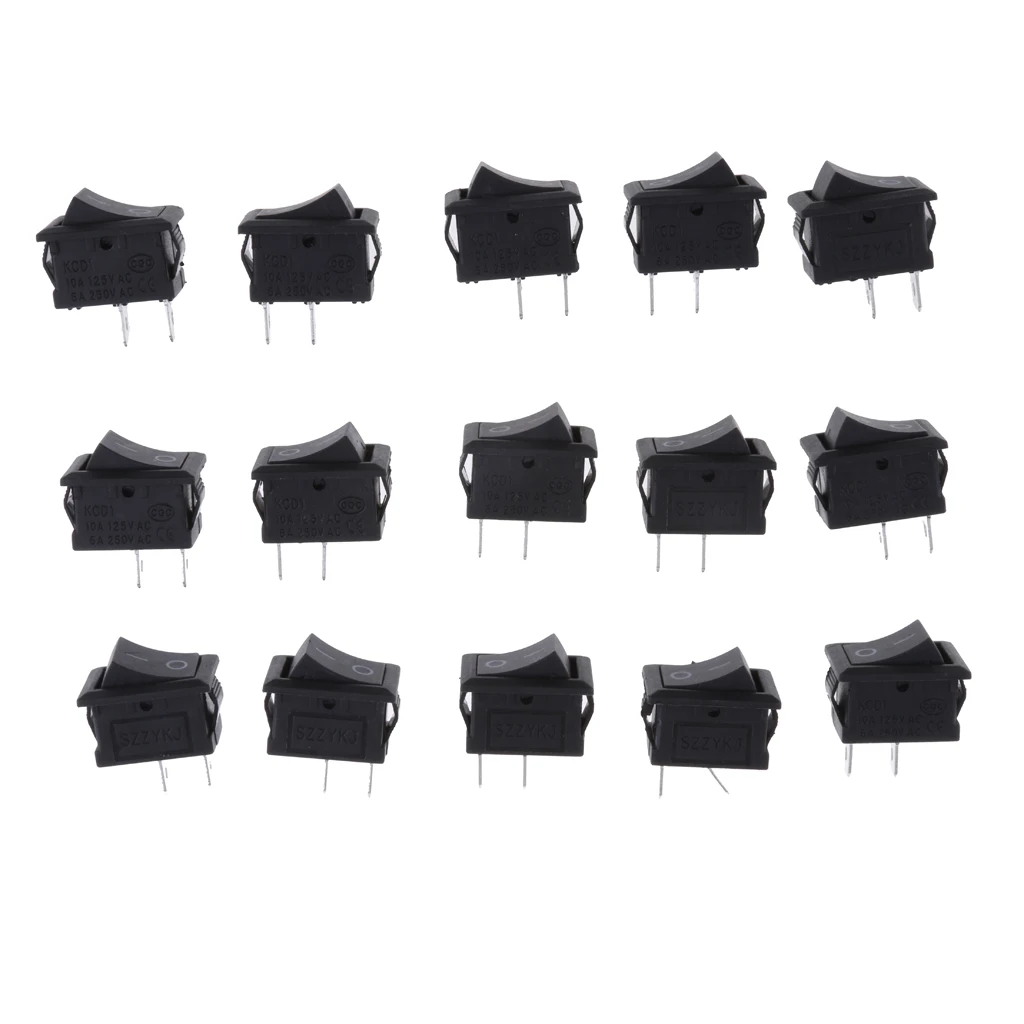 15Pcs/set On-Off Rectangle 2 Pin Rocker Switch AC 6A/250V 10A/125V DPST Boat