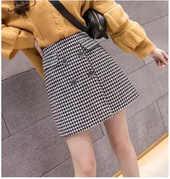 

Fashion Women Spring Winter Double-Breasted Houndstooth Woolen Skirt Female High Waist Slim A-Line Skirt Skirts Women S449