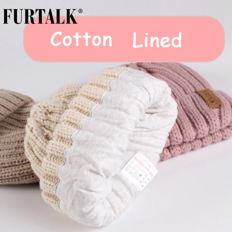 FURTALK Зимний Комплект Шапка и Шарф для детей Трикотажные Меховые Детские Шапки