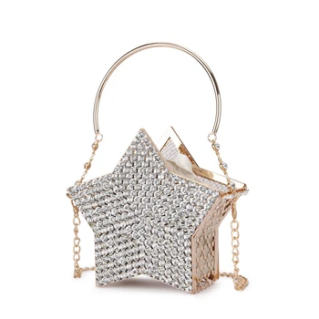 

Luxury Diamond Silver Star Design Evening Clutch Bag for Women New Hollow Out Small Metal Cage Ladies Chain Purses and Handbags