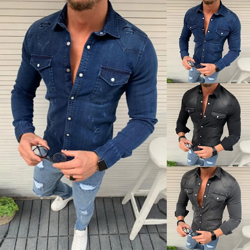 Camisa de mezclilla ajustada de otoño para hombre camisa de Color sólido de manga larga botones Jeans camisa prendas de vestir Casual 2019 y blusas para hombres|Camisas informales| - AliExpress