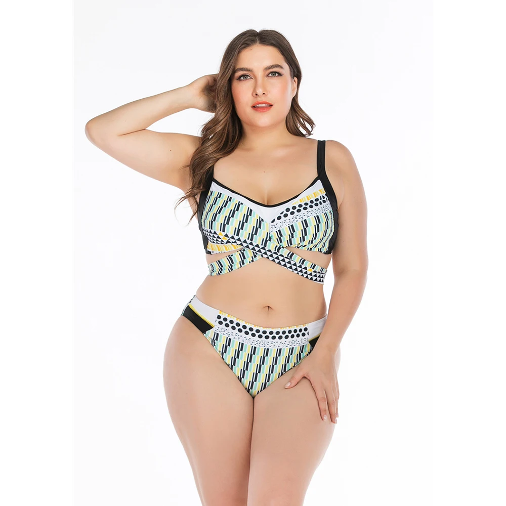 

2020 New Print Patchwork Swimsuit Women Plus Size Swimwear Scoop Neck Bathing Suit L-4XL Girl High Waist Backless Bikini Set