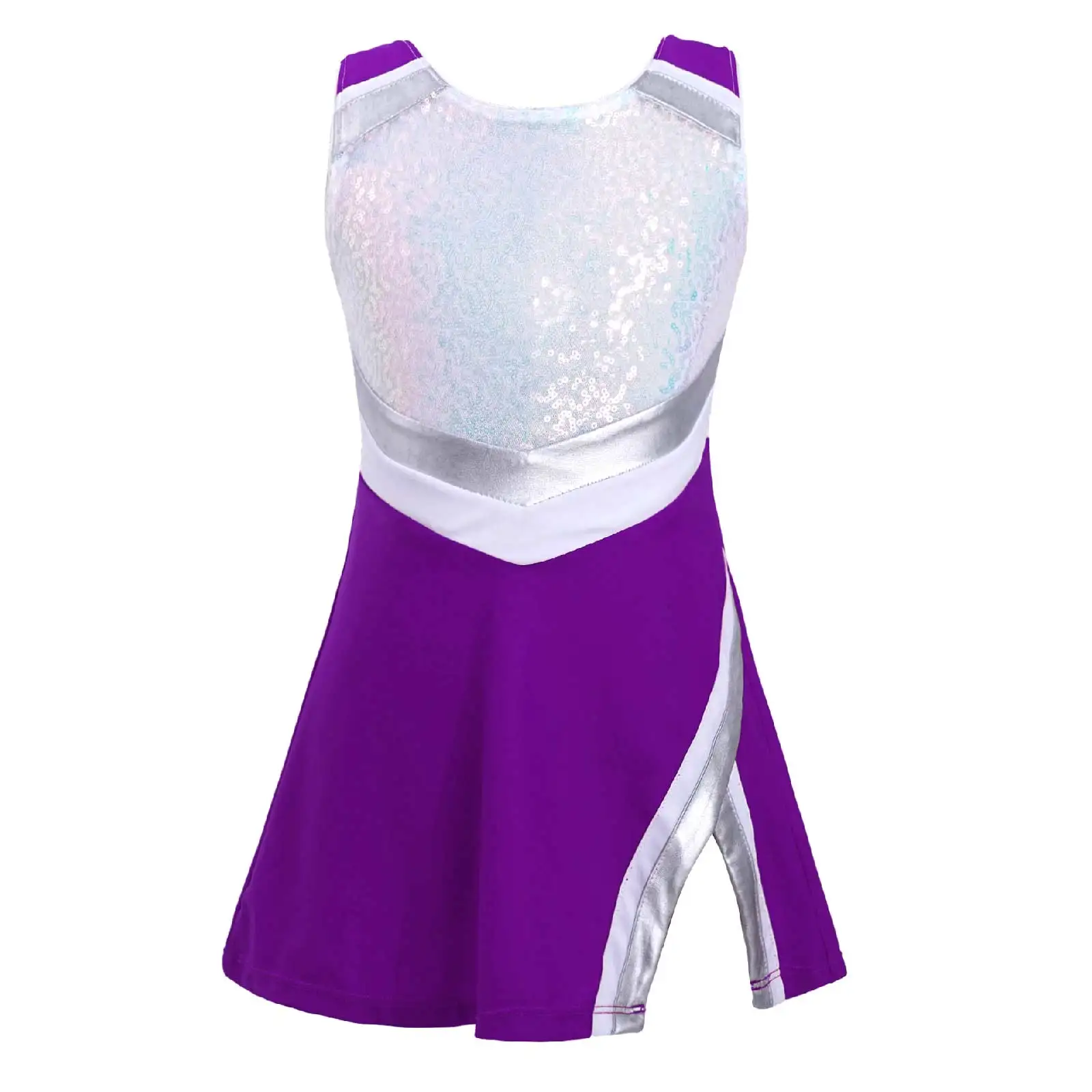 Kids Cheerleading Dancewear Girls Dance Outfit Sleeveless Shiny Sequins Sport Dress with Shorts Set Jazz Ballroom Dance Costume
