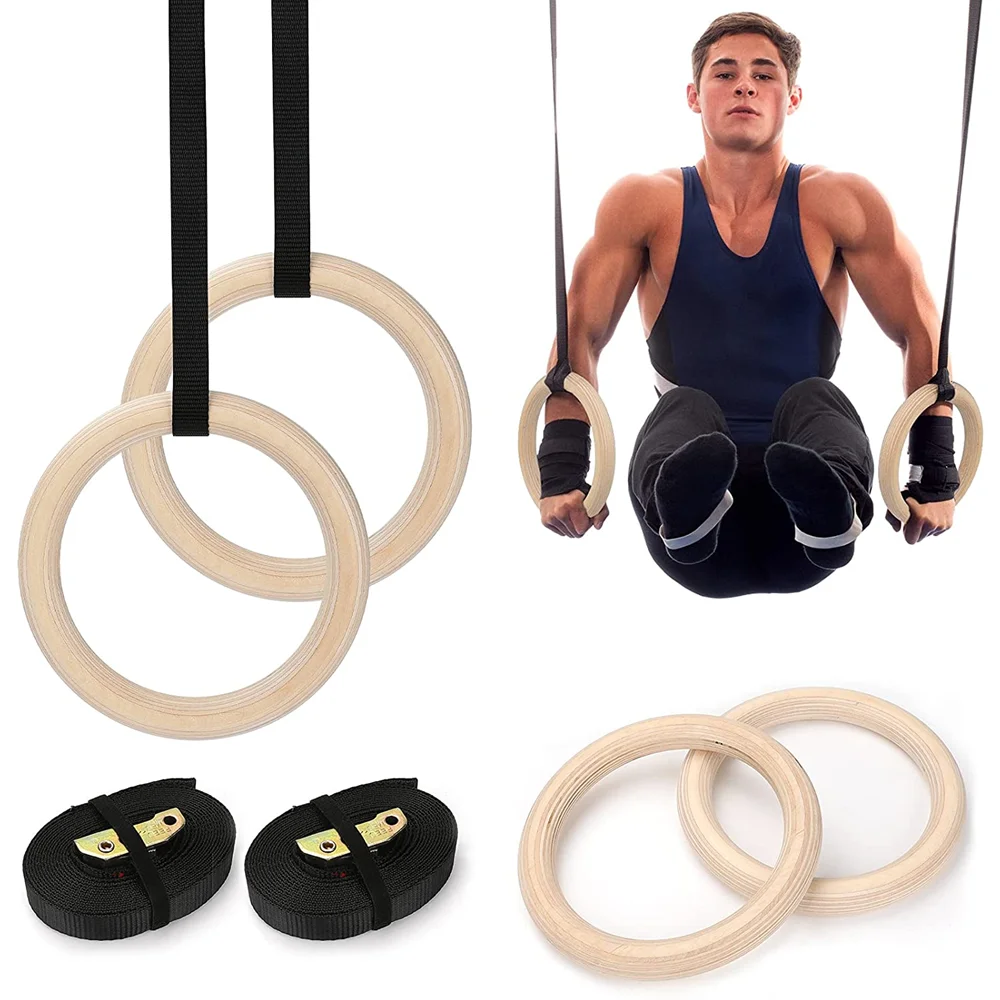 Gym Workout Home Training Strength with Straps Wooden Gymnastic Rings Fitness 