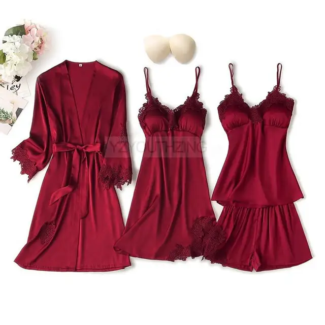 Pajama Set Women Lace Trim Satin Sleepwear Pyjamas Pour Femme Summer Nightwear With Pants Casual Home Wear Kimono Robe Gown PJS Burgundy B