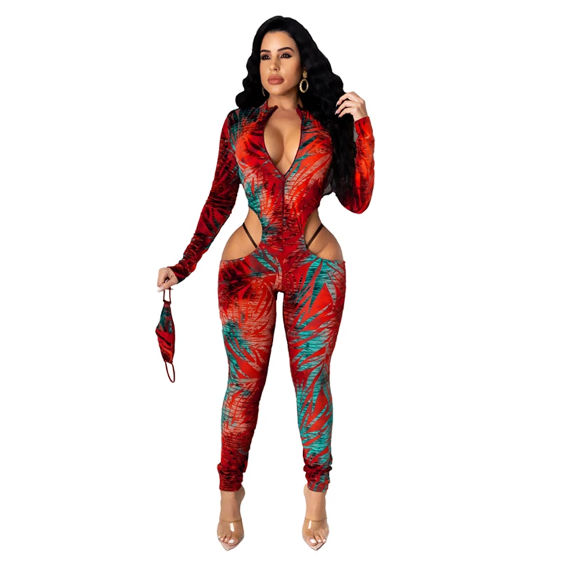 

Sexy Printed Zipper Jumpsuit with Mask