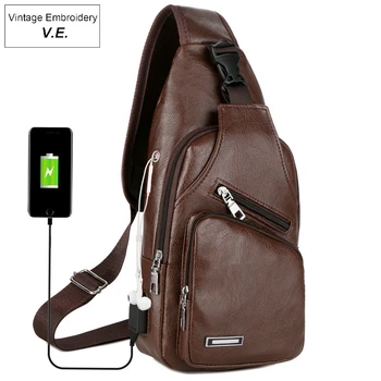 

Mens Business Bag Leather Casual Sports Backpack Crossbody Shoulder Bag Fashion Men Chest Bag With USB Portable Charging