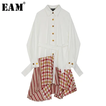 

[EAM] Women White Plaid Asymmetrical Big Size Shirt Dress New Lapel Long Sleeve Loose Fit Fashion Tide Spring Autumn 2020 1S374