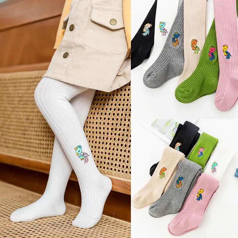 

Spring And Autumn Panty-hose for Kids Combed Cotton Vertical Stripe Birds Embroidered CHILDREN'S Leggings Baby White Dance Socks
