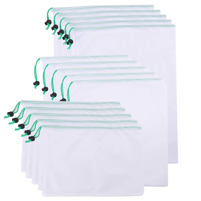 

15 Pack Premium Reusable Mesh/Produce Bags - Lightweight, See-Through, Large, Medium & Small