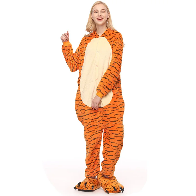 Family Matching Pajamas Animal Cartoon Tiger Kigurumi Pajama Unisex Woman Men One Piece Hoodies Pijamas Licorne Sleepwear