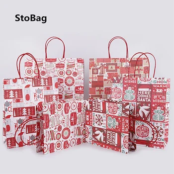

StoBag 12pcs Red Christmas Paper Handle Gift Bags Cookie Food Candy Tote Bag For Party Handmade Cake Decorating Supplies
