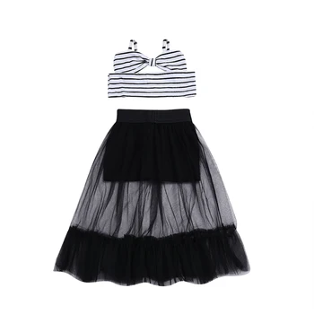 

Pudcoco Toddler Baby Girls Bow Striped Sleeveless Vest Tops Lace Tutu Ankle-Length Skirts 2PCS Outfit