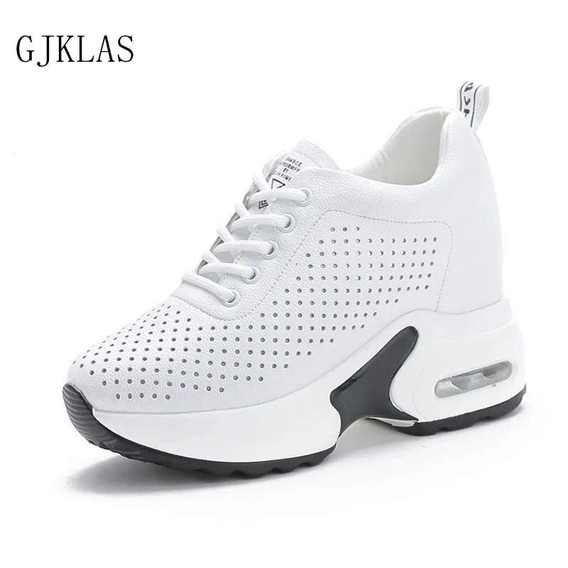 

White Vulcanize Shoes Wedge Sneakers Real Leather Shoes for Women Hollow Out Comfortable Casuales Hidden Heels Platform Sneakers