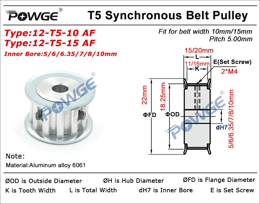 POWGE трапециевидная 12 Зубы T5 синхронизации синхронный шкив Диаметр 5/6/6,35/7 Plus/8 мм Ширина ремня 10 мм/15 мм колеса 12-T5-10 AF 12 Зубы для детей возрастом 12 лет
