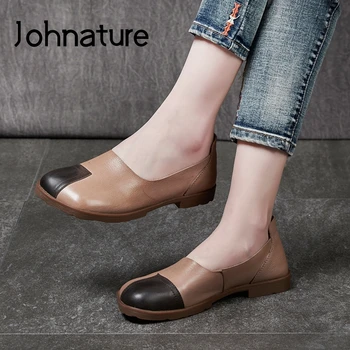 

Johnature 2020 New Spring Flat Shoes Women Genuine Leather Mixed Colors Slip-on Square Toe Shallow Casual Handmade Ladies Shoes