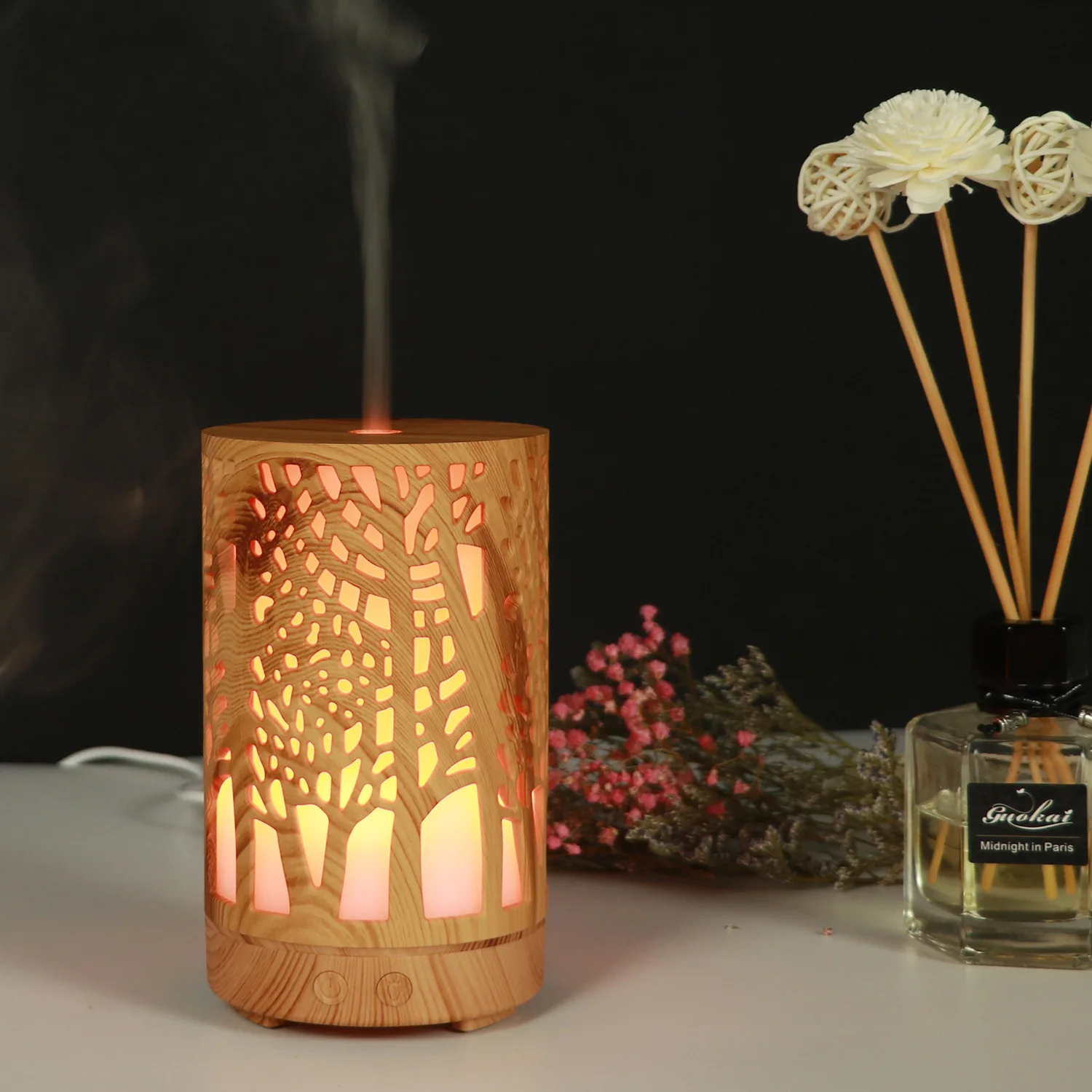 Hollow out Aroma Diffuser Cylindrical Wood Grain Air Purification Fragrance Machine Ultrasonic Colorful Ambience Light Wood Grai