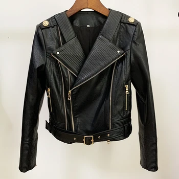 

EXCELLENT QUALITY 2020 Newest Designer Women Jacket Lion Buttons Synthetic Leather Jacket Motorcycle Biker Jacket