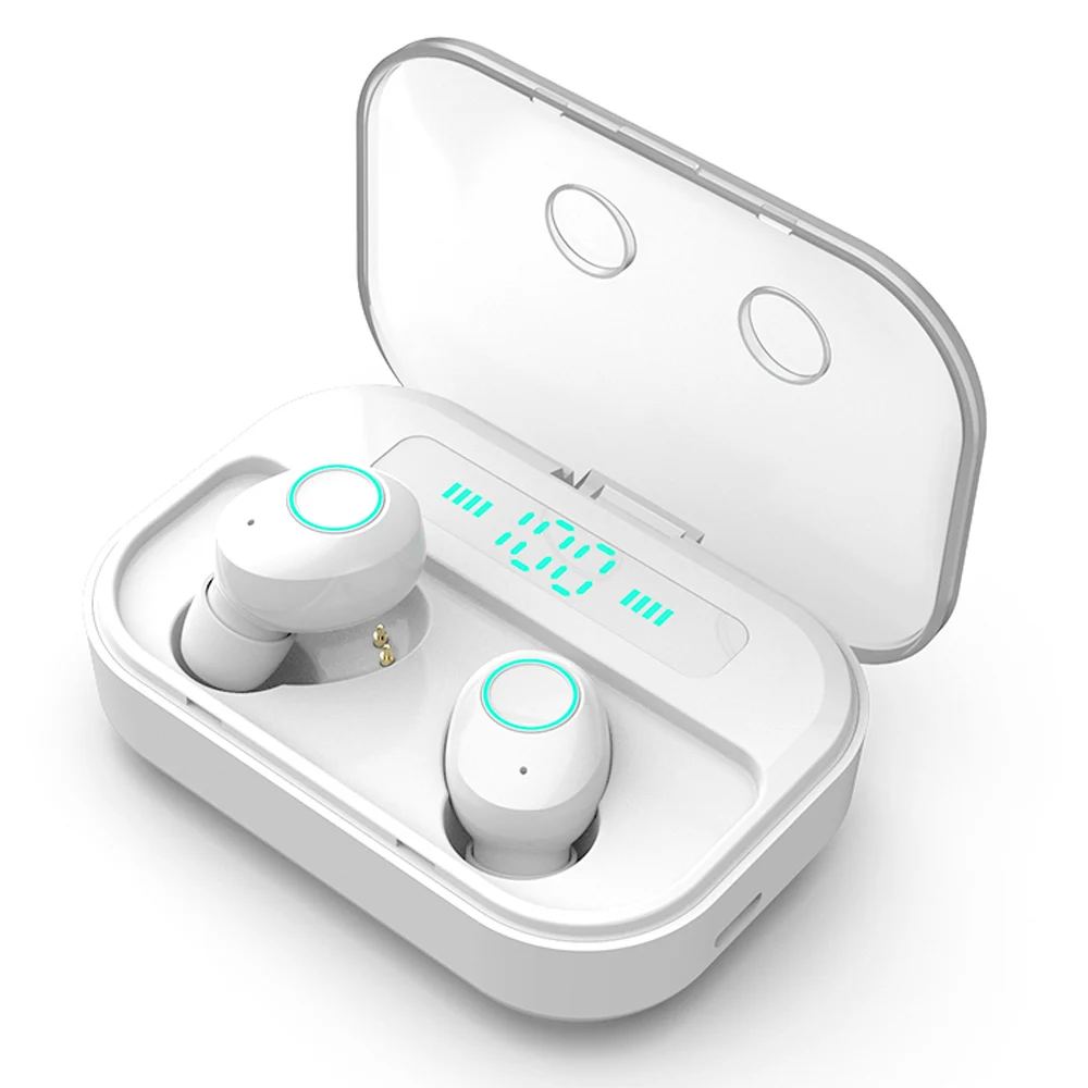 Светодиодный Bluetooth 5,0 наушники-вкладыши, стерео звук, настоящие беспроводные наушники, водонепроницаемая Спортивная гарнитура с зарядным устройством для телефона - Название цвета: White