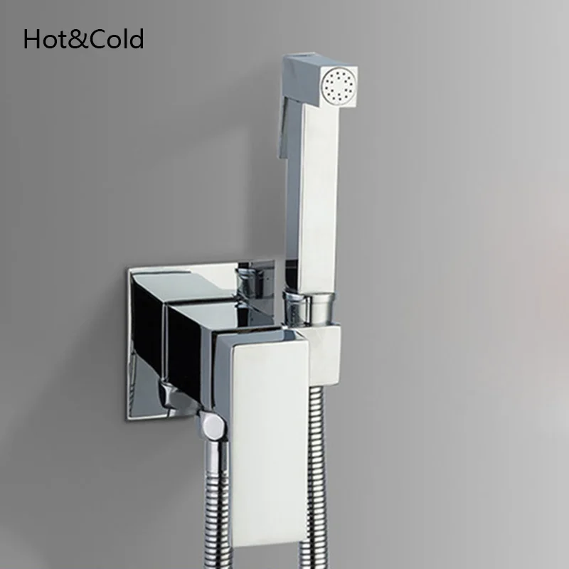 Onyzpily Bidet Faucet Golden Chrome Brass Shower Tap Washer Mixer Cold Hot Water Mixer Crane Square Shower Sprayer Head - Цвет: Chrome B