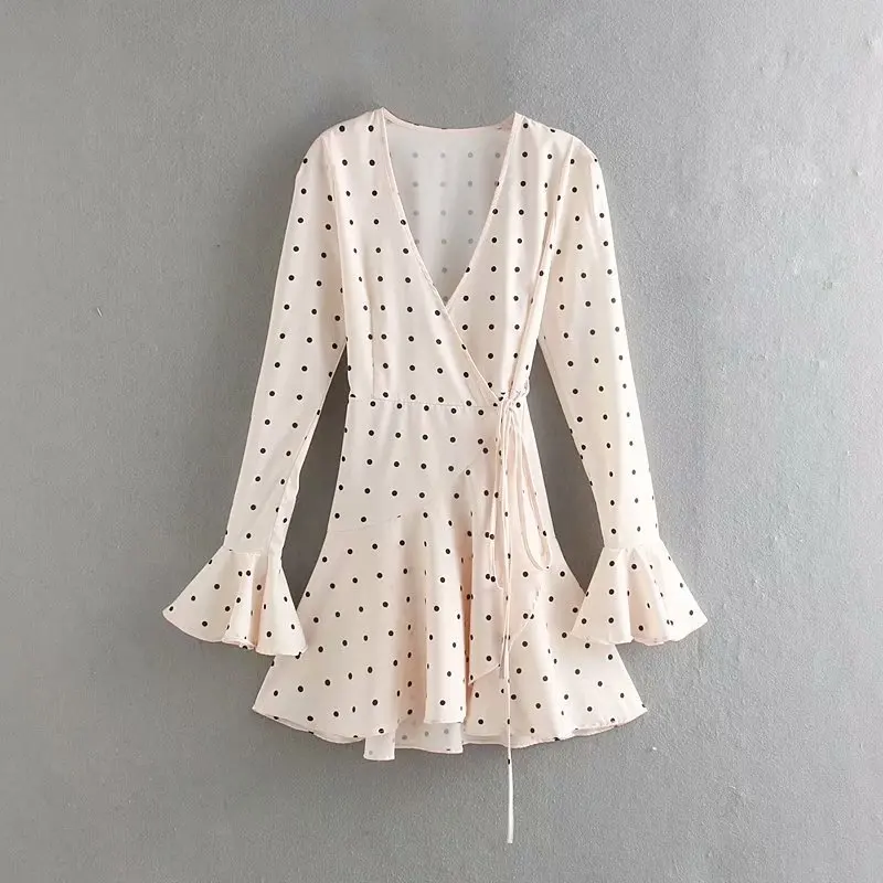 

Europe And America 2020 Autumn New Style WOMEN'S Dress Versitile Fashion Slimming V-neck Dotted Print Flounced Lace-up Dress