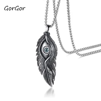 

GorGor Trendy Classic Stainless Steel Black Eye Feather Vintage Casting Pendant Necklace for Fashion Men Jewelry Gift PN-991