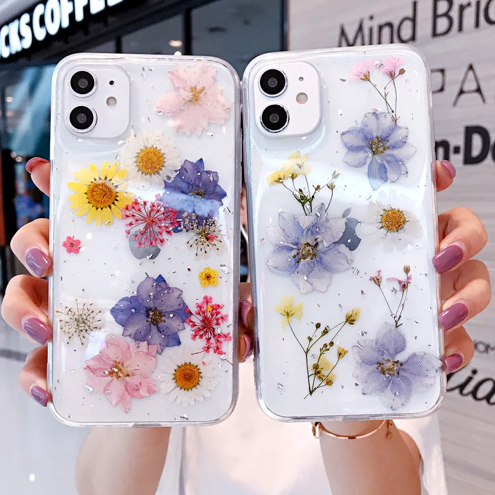 Прозрачный чехол с блестками Real Dry Flower для iPhone 11 Pro Max XR XS 8 7 Plus SE 2020 прозрачный