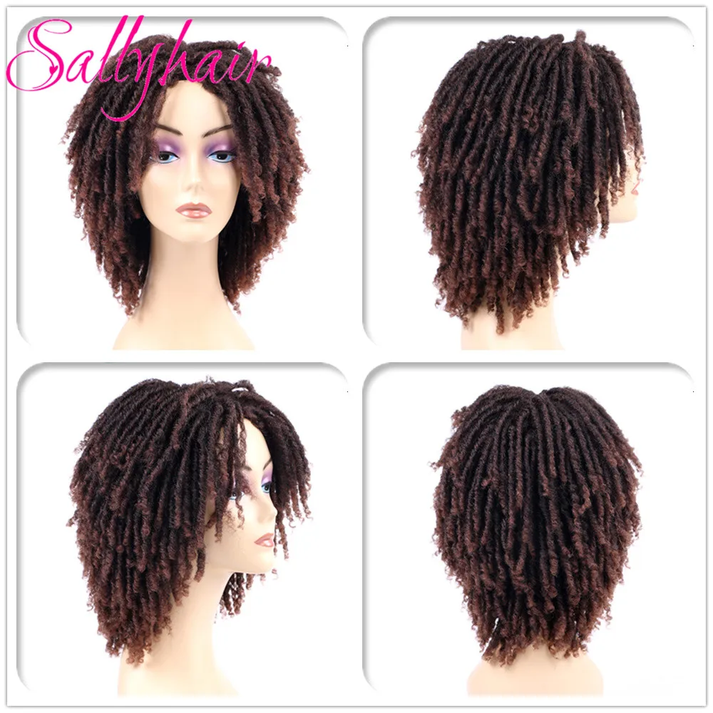 Dreadlock Hair Wig for Black Woman 14 inch Black Ombre Burgundy Brown Color Short Curly Faux Locs Braids Wigs (14)