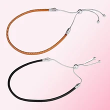 925 пробы Серебряный классический черный золотой коричневый кожаный скользящий браслет женские очаровательные ювелирные изделия