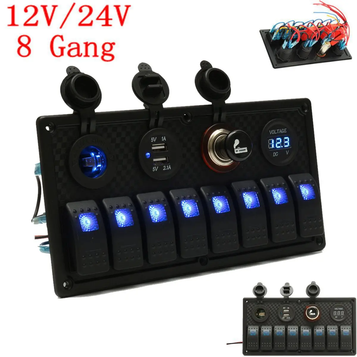 

Universal 12V 24V 8 Gang Car Marine Boat Rocker Switch Panel Dual USB Charger Blue LED Light Waterproof