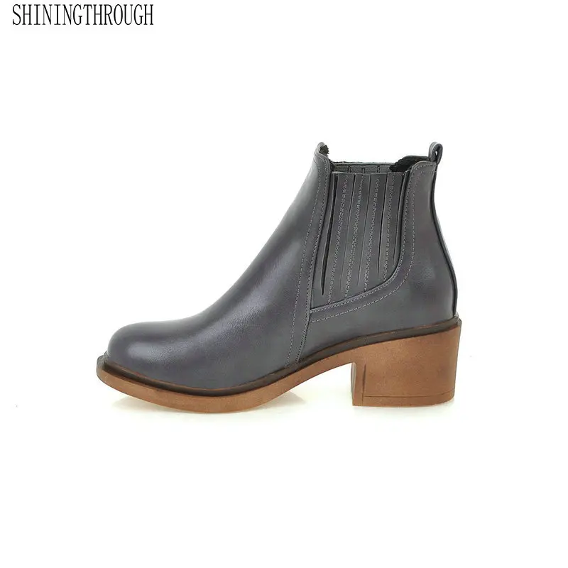 

2020 Women Ankle Boots Pu Leather Square Heel Round Toe Elastic Band Winter Shoes Elegant Ladies Boots Big Size 34-43