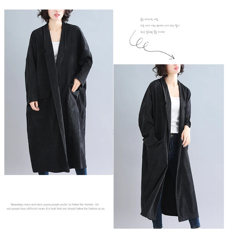 Осень зима Вельветовая куртка женская плюс размер длинное пальто винтажный Свободный кардиган с длинными рукавами более размер d верхняя одежда 4XL 5XL 6XL