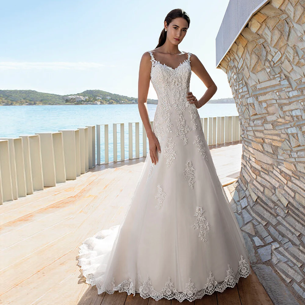 

Custom Made Sheath Wedding Dresses Robe De Mariage Shoulder Straps Sexy Backless Appliques Bridal Dress Robe Mariee