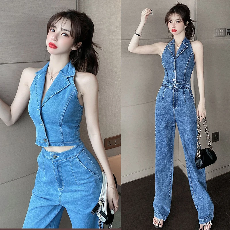 

New Women Fashion Denim Suit Sleeveless Sexy Backless V-Neck Tops + High Waist Wide-legged Pants Denim Trousers Two Piece Set