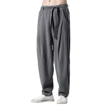 Летние мужские брюки в китайском стиле ретро, свободные прямые льняные брюки, костюм Танг, широкие шаровары для бега, большие размеры, хлопковые шаровары