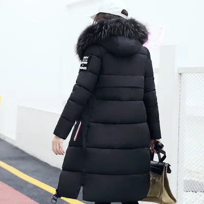 Модное пуховое пальто с буквенным принтом для женщин, зимнее плотное длинное теплое приталенное пуховое пальто с капюшоном, верхняя одежда на молнии с длинным рукавом для девушек, воротник из искусственного меха - Цвет: black