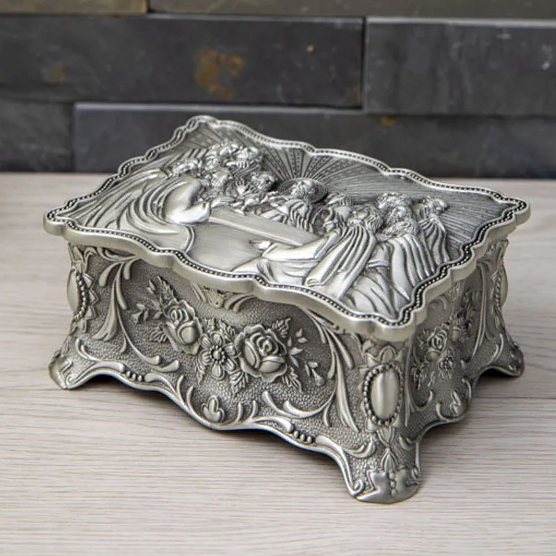 Vintage Jewelry Box Small Trinket Jewelry Storage Box Rose Flower Carved Zinc Alloy Treasure Organizer Chest Jewellery Storage