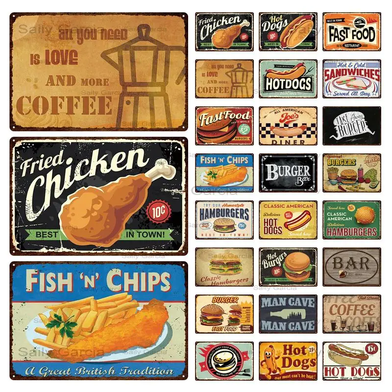 

Retro Nostalgia Fast Food Coffee Metal Sign Tin Sign Burger Hot Dog Fried Chicken Metal Plates Wall Stickers for Cafe Restaurant