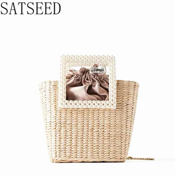 

Stitching Pearl Handle Decorative Straw Bag Pu Grass Woven Shoulder Bag Dual-use Bag Hand-woven High Quality Ladies HandBags